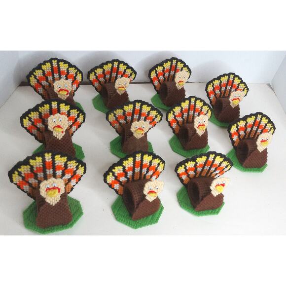 Vintage Plastic Canvas Needlepoint Thanksgiving Turkey Napkin Holders Set of 11 - Picture 1 of 4